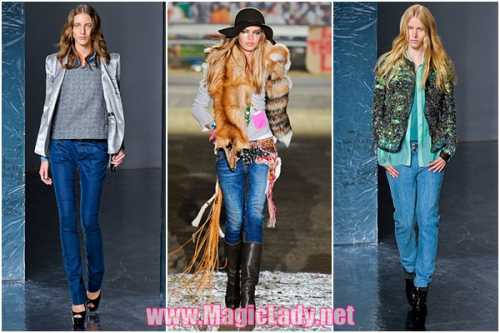 Глубокий синий цвет джинсов органично смотрится с куртками спортивного стиля, кофтами и свитерами крупной вязки